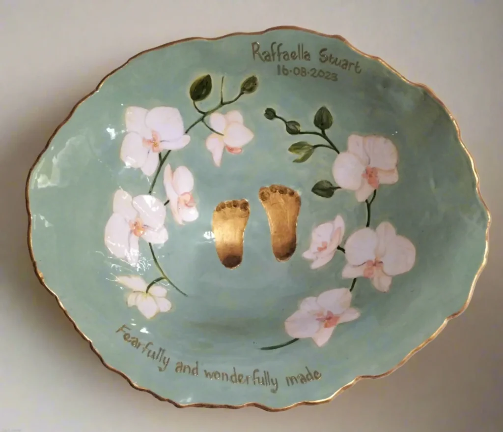 Belly bowl hand painted flowers footprints rough edge round gold rim