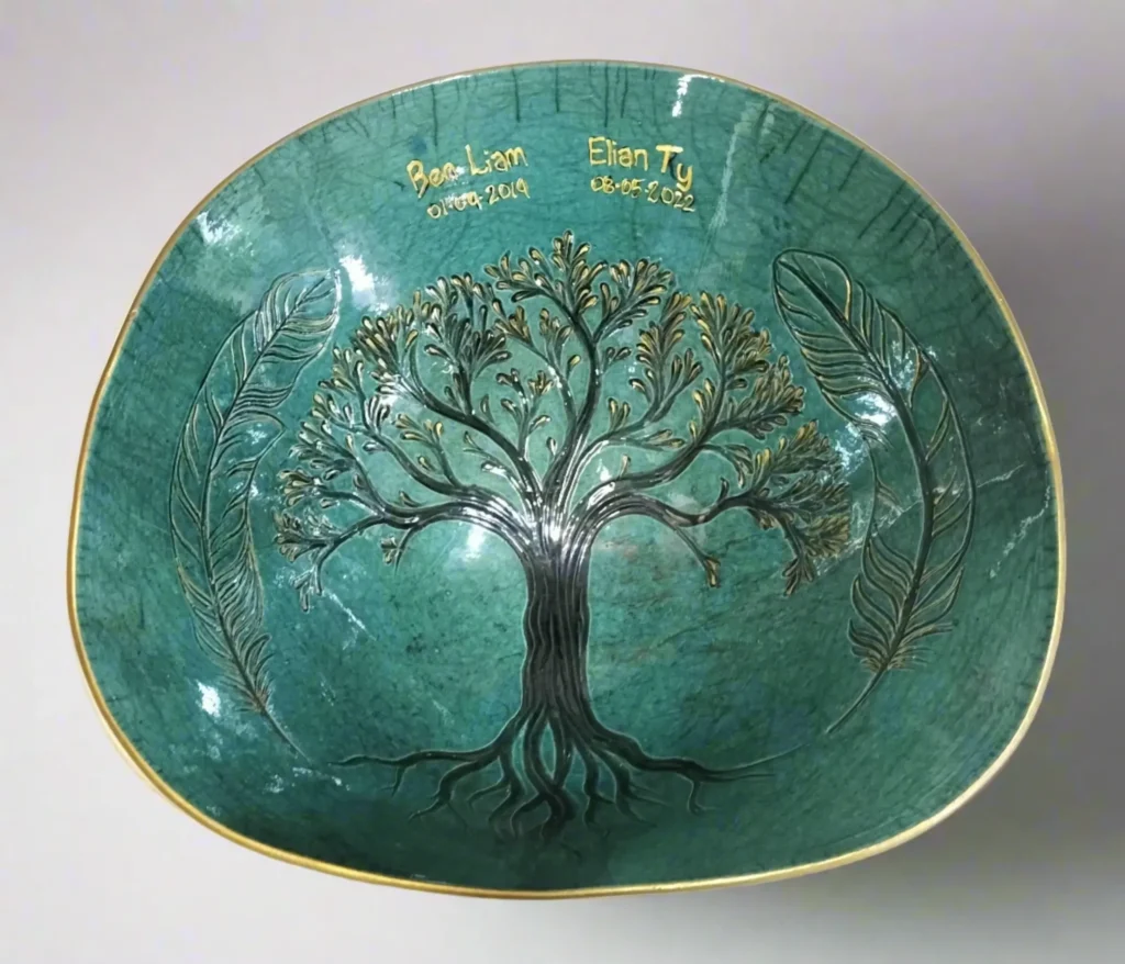 Belly bowl hand painted raku tree round edge gold rim