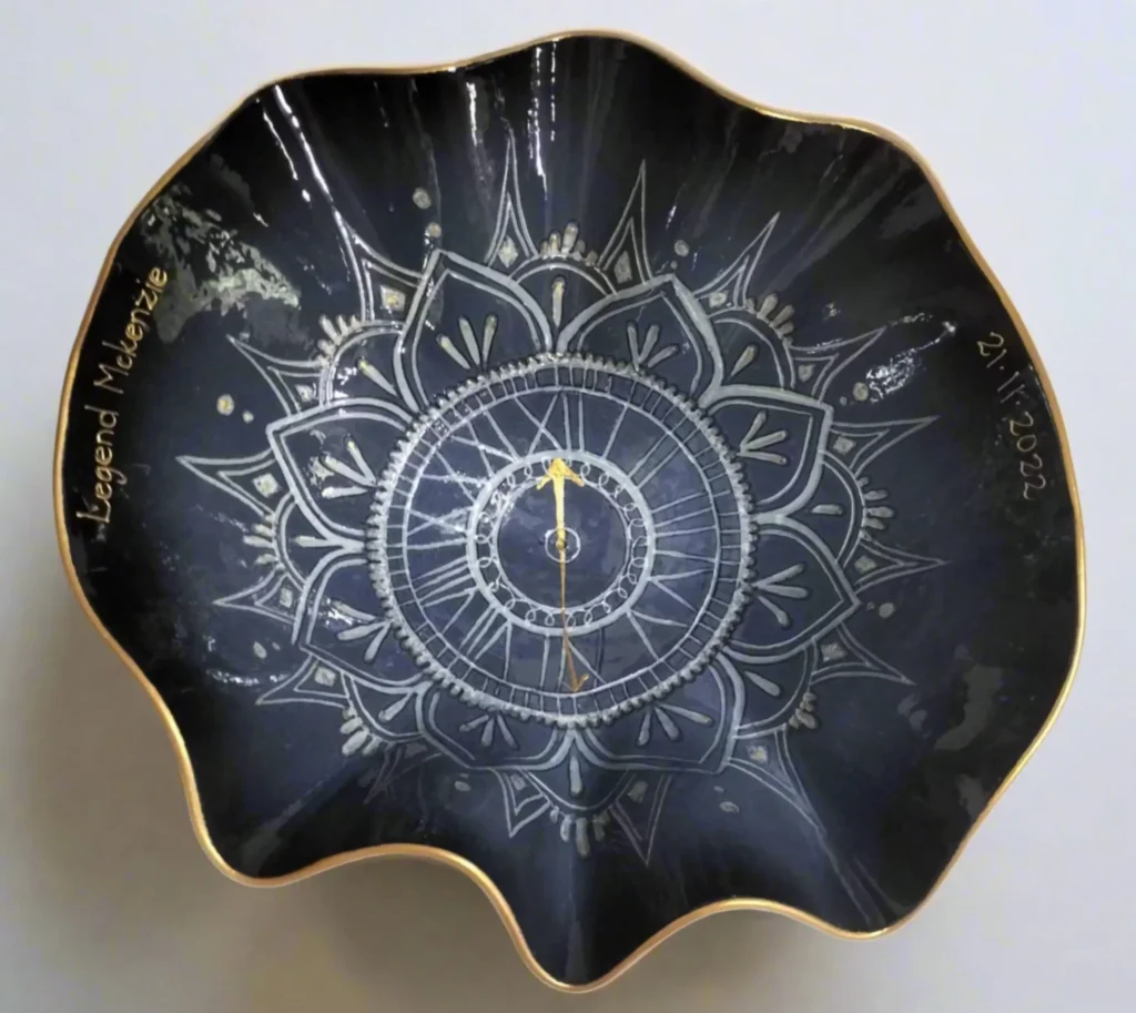 Belly bowl mandala earthenware black grey ombre gold rim