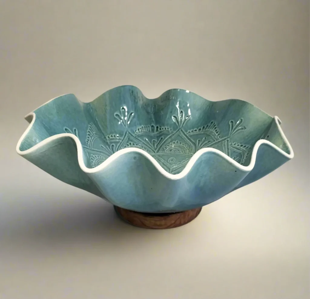 Belly bowl mandala raku blue scallop edge side