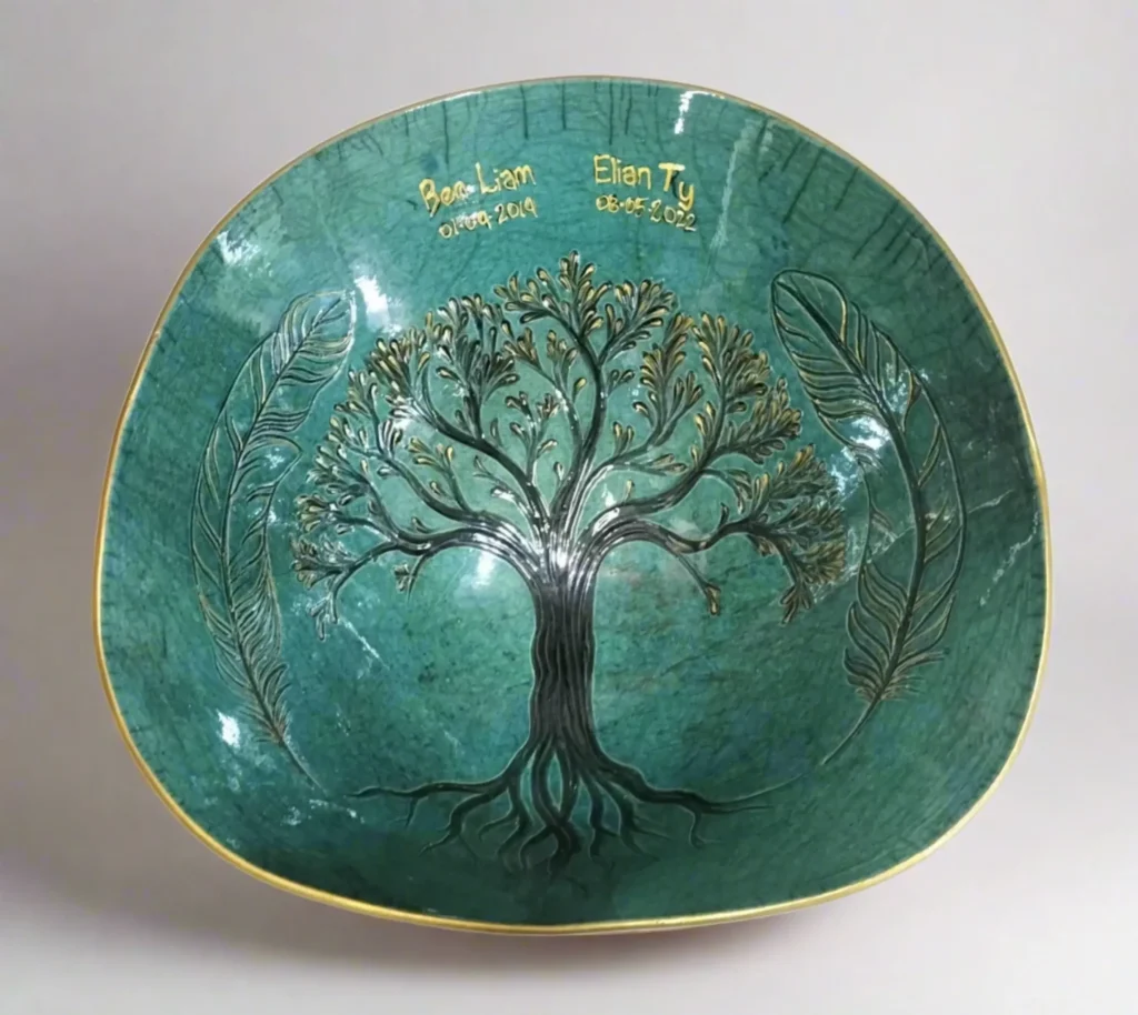 Belly bowl mandala raku tree green round edge gold rim