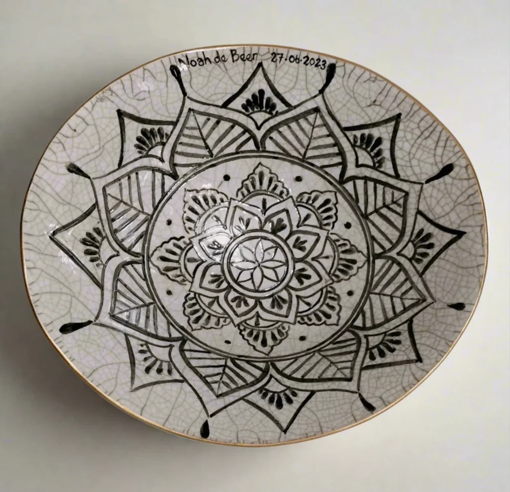 Belly bowl mandala raku white round gold rim